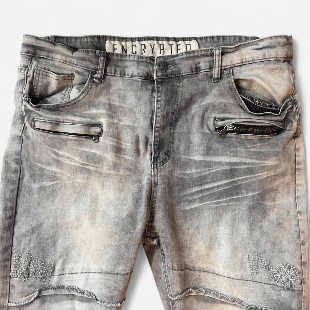 Encrypted Grey Distressed Biker Moto Streetwear‎ Jeans Men's 40